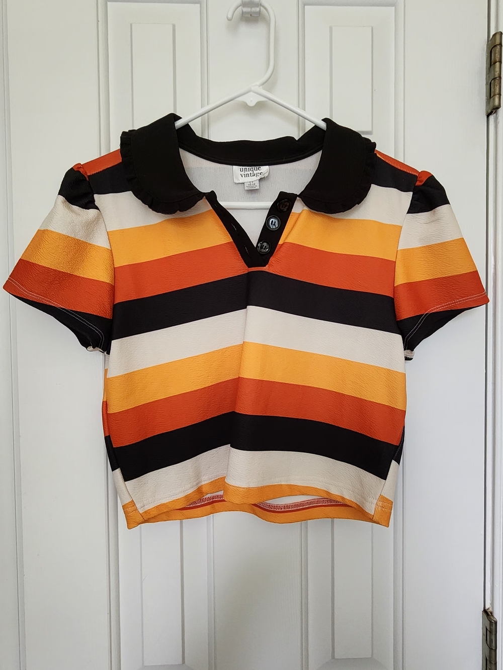 Unique Vintage Black, Orange, Yellow and Cream Striped Crop Top